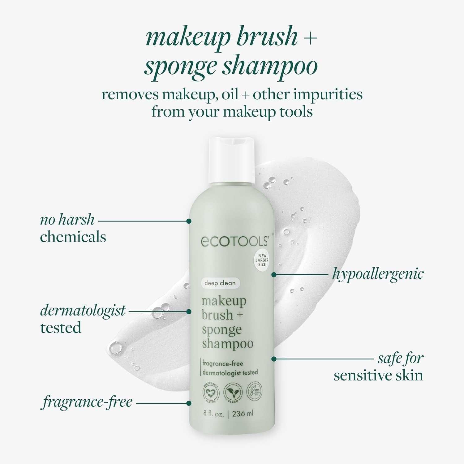 Makeup Brush + Sponge Shampoo, Remove Makeup & Impurities from Tools, Sponges, & Puffs, Fragrance-Free Brush Cleanser, No Harsh Chemicals, Vegan, & Cruelty-Free, 8 Fl. Oz./236 Ml. Bottle